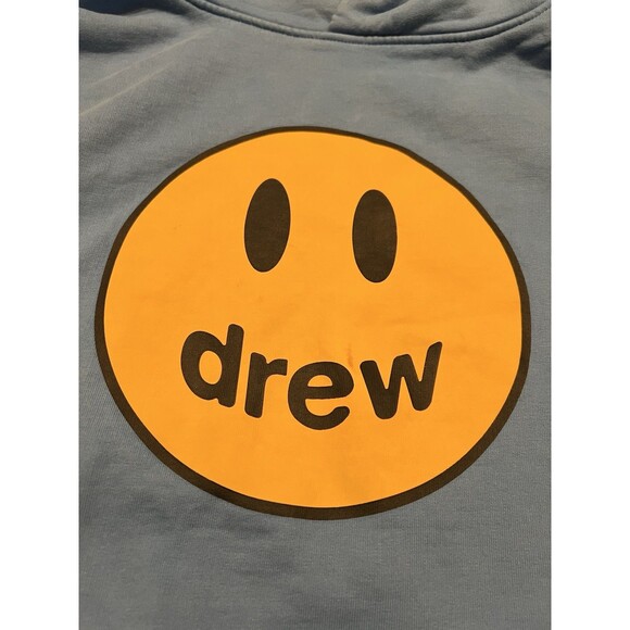 Drew House Hoodie Mens L Blue Yellow Sweatshirt Smiley Face Logo Justin Bieber - Picture 3 of 8